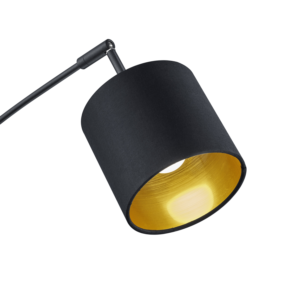 Tommy 5 Negro lámpara de pie De Trio Lighting - Las formas claras y modernas y el metal negro mate con pantallas de tela negra y dorada hacen de la lámpara un detalle de diseño interior elegante y flexible.