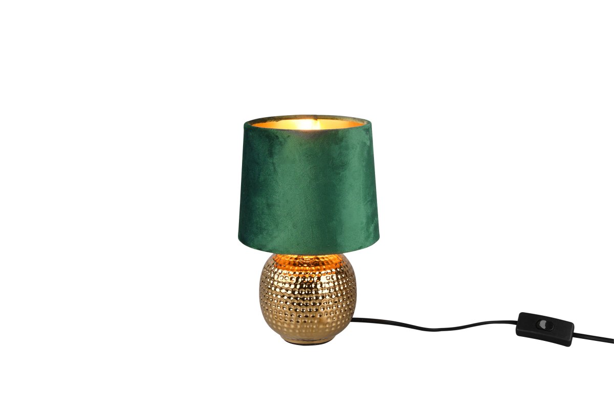 Sophia 26cm Verde lámpara de mesa De Trio Lighting - La combinación de cerámica dorada y pantalla de tela verde crea un aspecto elegante y moderno.