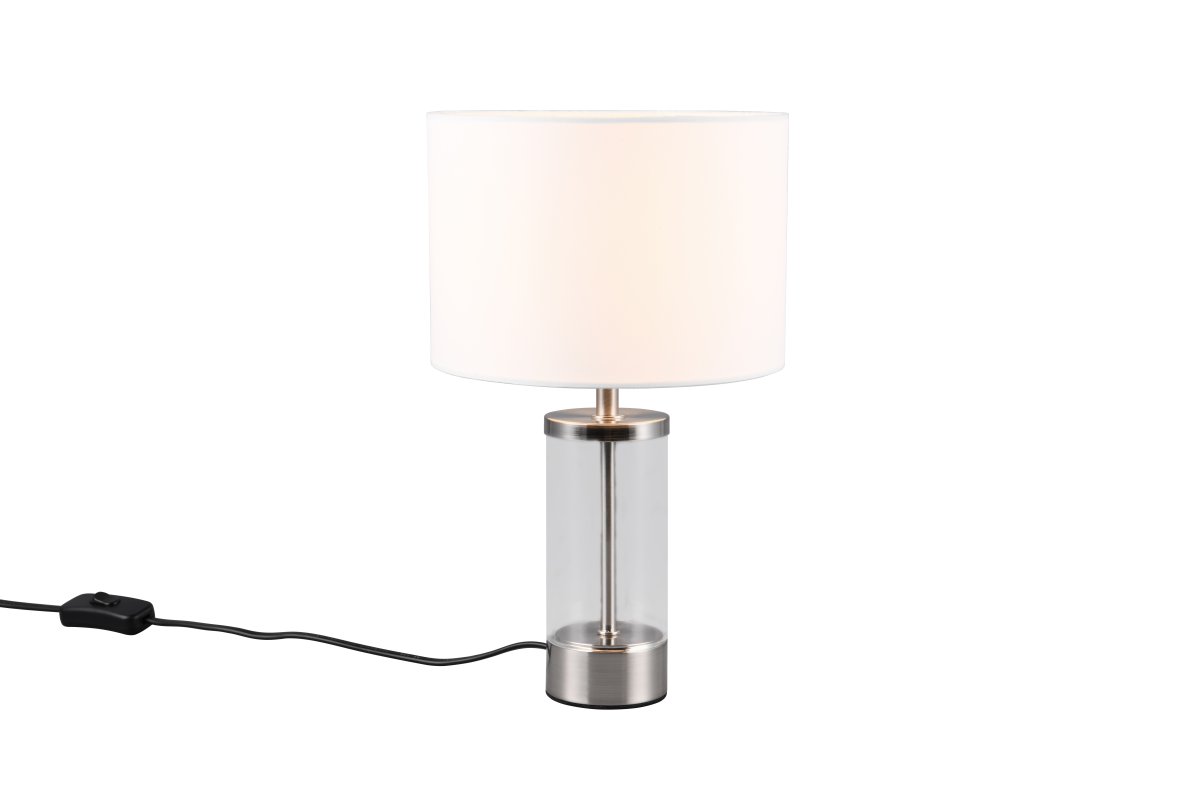 Grazia 34cm Blanco lámpara de mesa De Trio Lighting - La lámpara de mesa Grazia combina una elegante pantalla de tela con una elegante base cilíndrica de vidrio y metal, creando una impresión armoniosa y elegante.