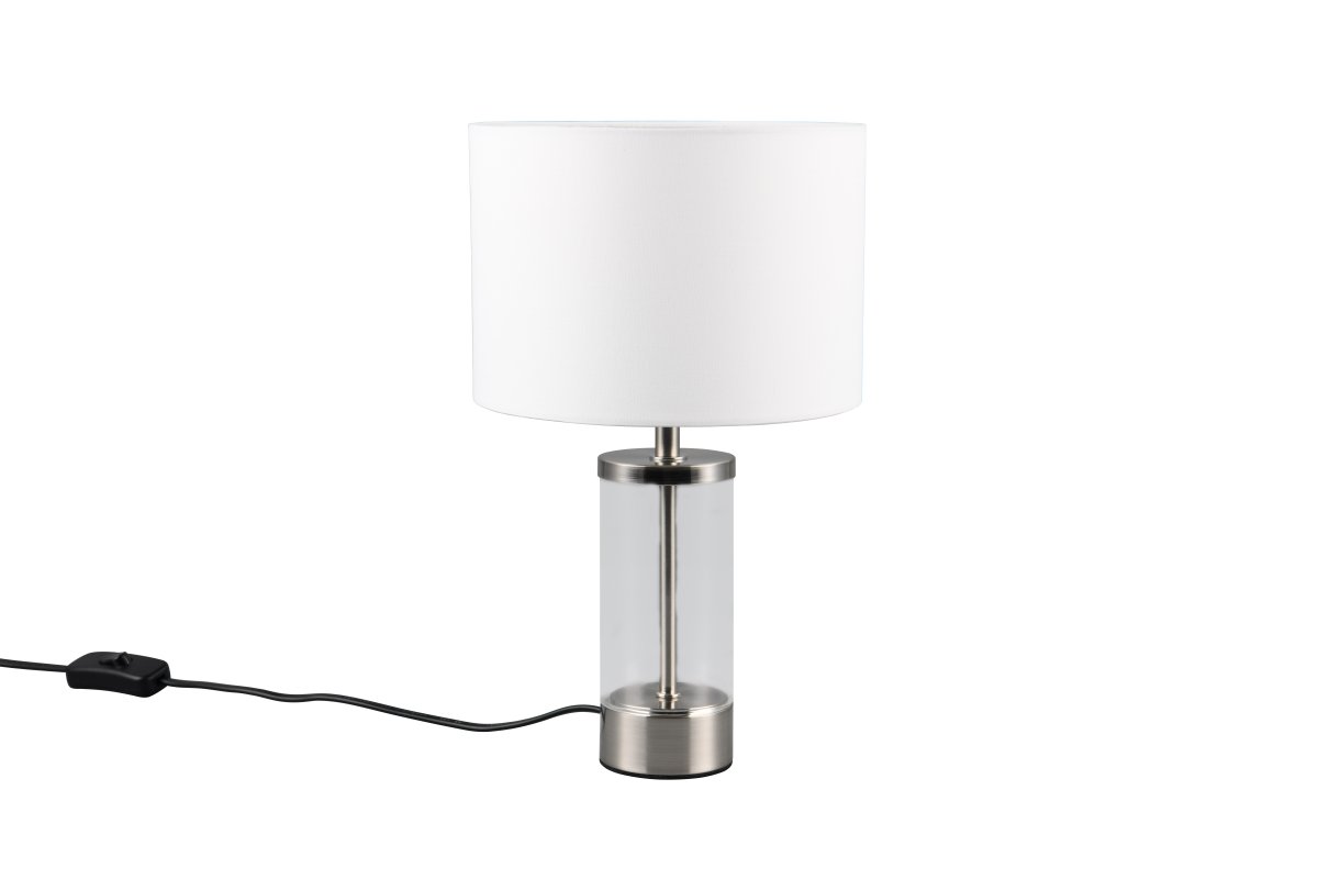 Grazia 34cm Blanco lámpara de mesa De Trio Lighting - La lámpara de mesa Grazia combina una elegante pantalla de tela con una elegante base cilíndrica de vidrio y metal, creando una impresión armoniosa y elegante.