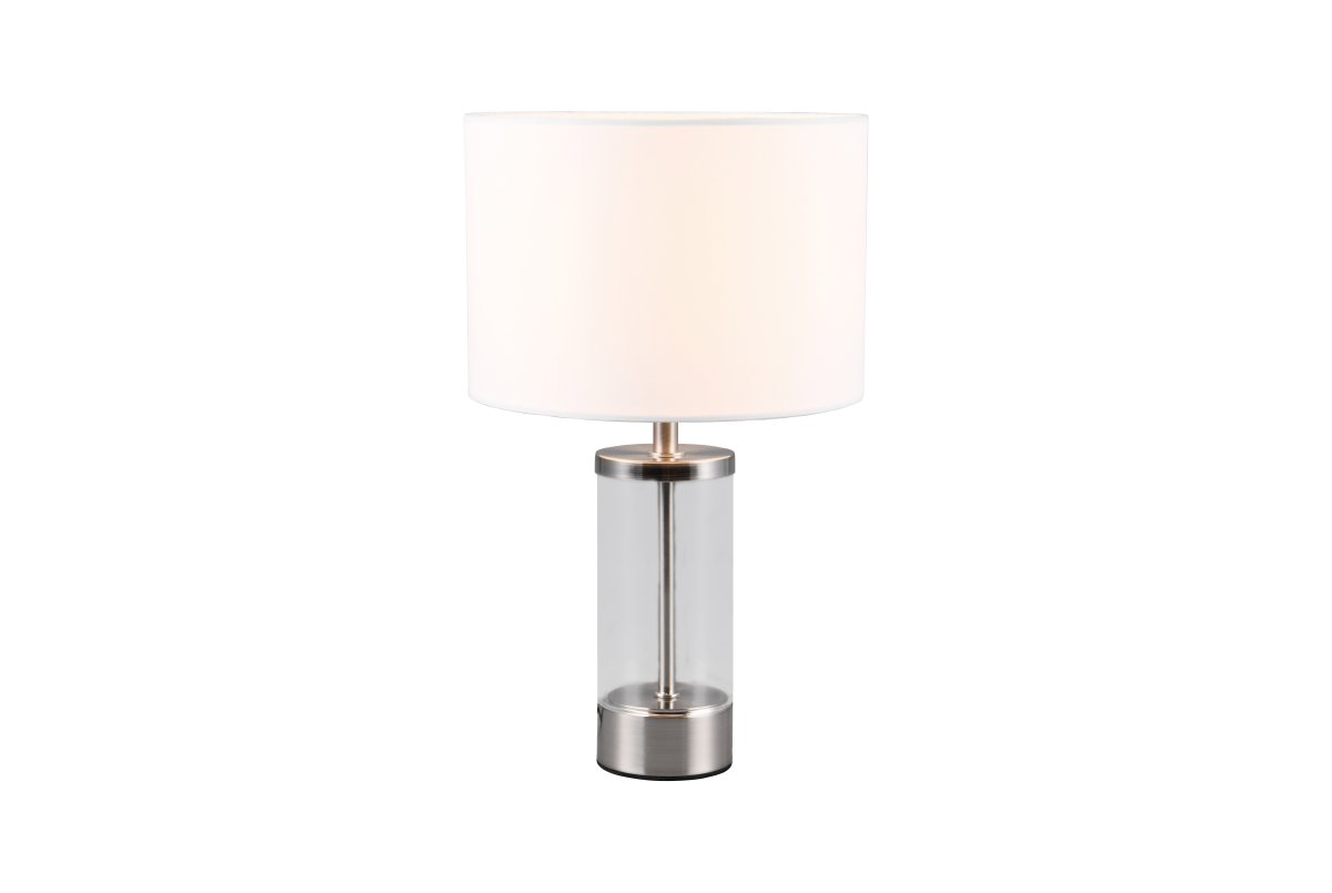 Grazia 34cm Blanco lámpara de mesa De Trio Lighting - La lámpara de mesa Grazia combina una elegante pantalla de tela con una elegante base cilíndrica de vidrio y metal, creando una impresión armoniosa y elegante.