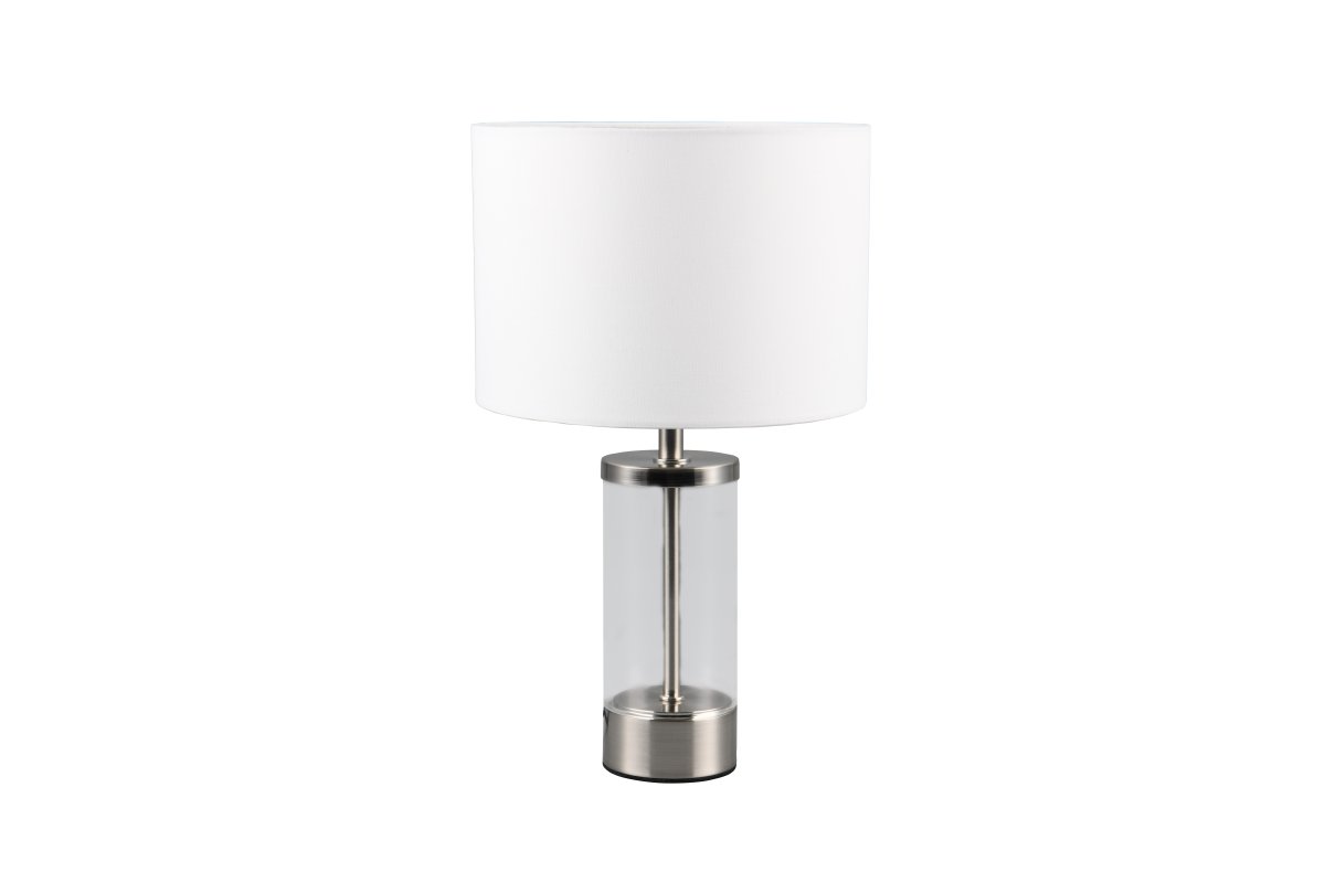 Grazia 34cm Blanco lámpara de mesa De Trio Lighting - La lámpara de mesa Grazia combina una elegante pantalla de tela con una elegante base cilíndrica de vidrio y metal, creando una impresión armoniosa y elegante.