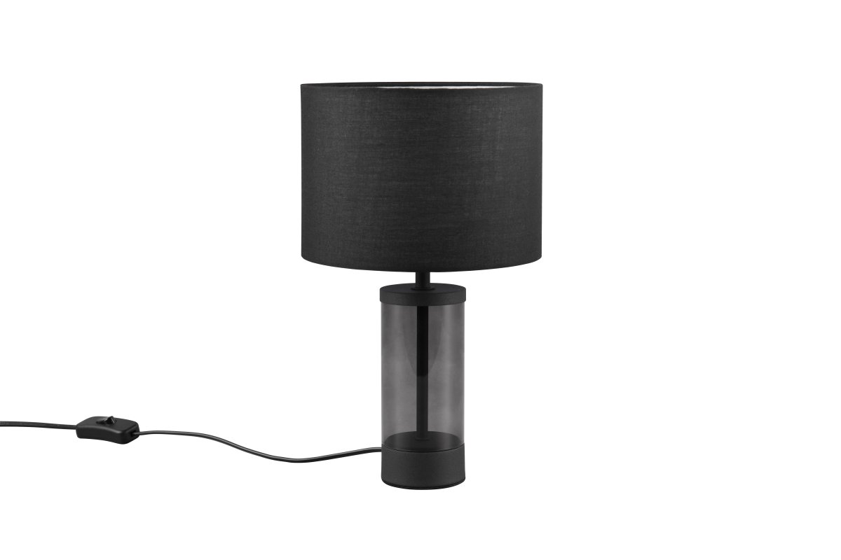 Grazia 34cm Negro lámpara de mesa De Trio Lighting - La lámpara de mesa Grazia combina una elegante pantalla de tela con una elegante base cilíndrica de vidrio y metal, creando una impresión armoniosa y elegante.