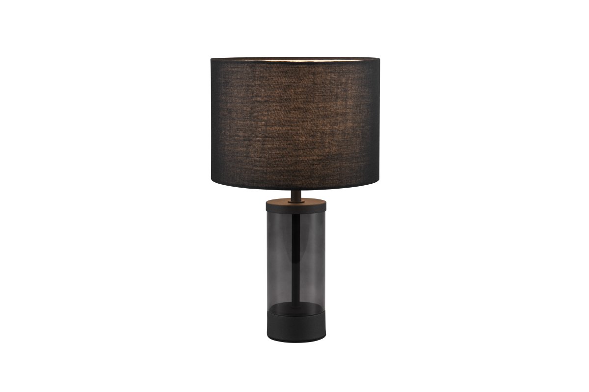 Grazia 34cm Negro lámpara de mesa De Trio Lighting - La lámpara de mesa Grazia combina una elegante pantalla de tela con una elegante base cilíndrica de vidrio y metal, creando una impresión armoniosa y elegante.