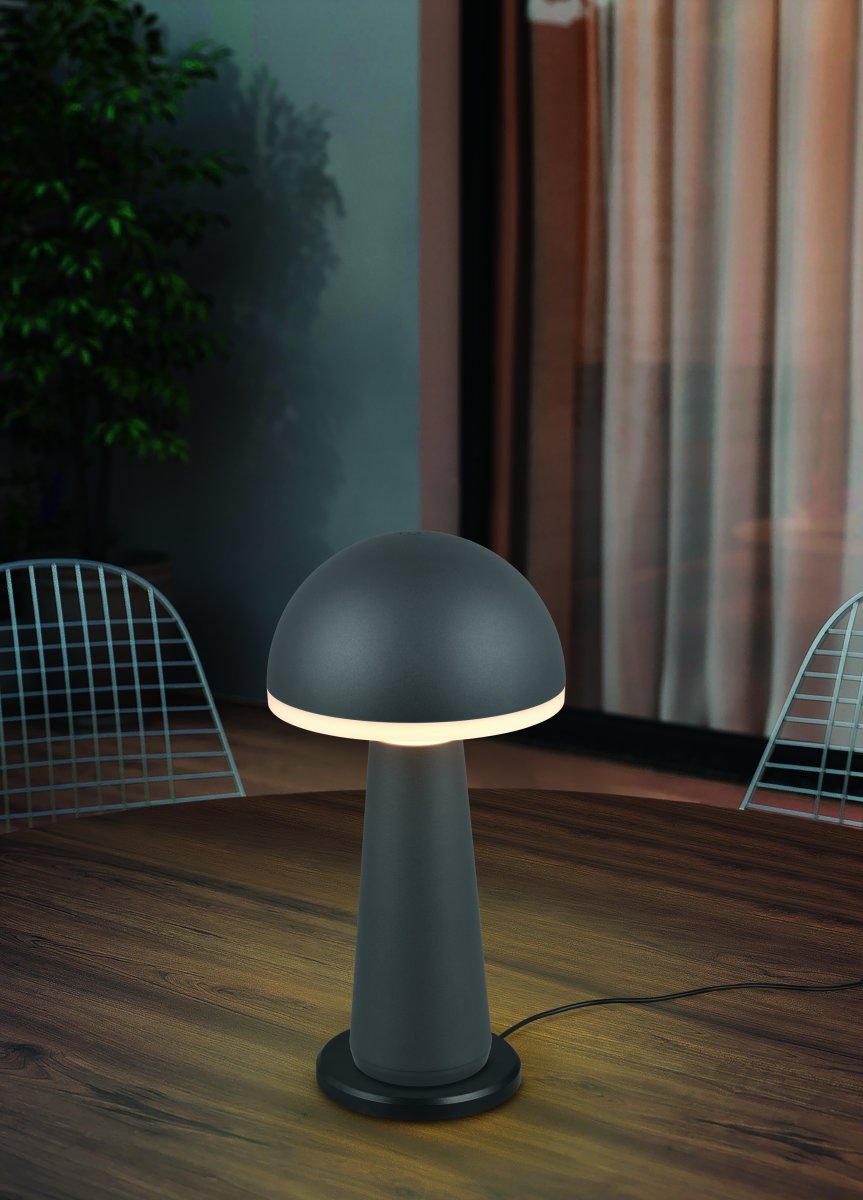 Fungo 30cm Antracita portátil De Trio Lighting - Con una función táctil para atenuar y ajustar el color de la luz, así como una estación de carga separada, es una fuente de luz flexible para interiores y exteriores.