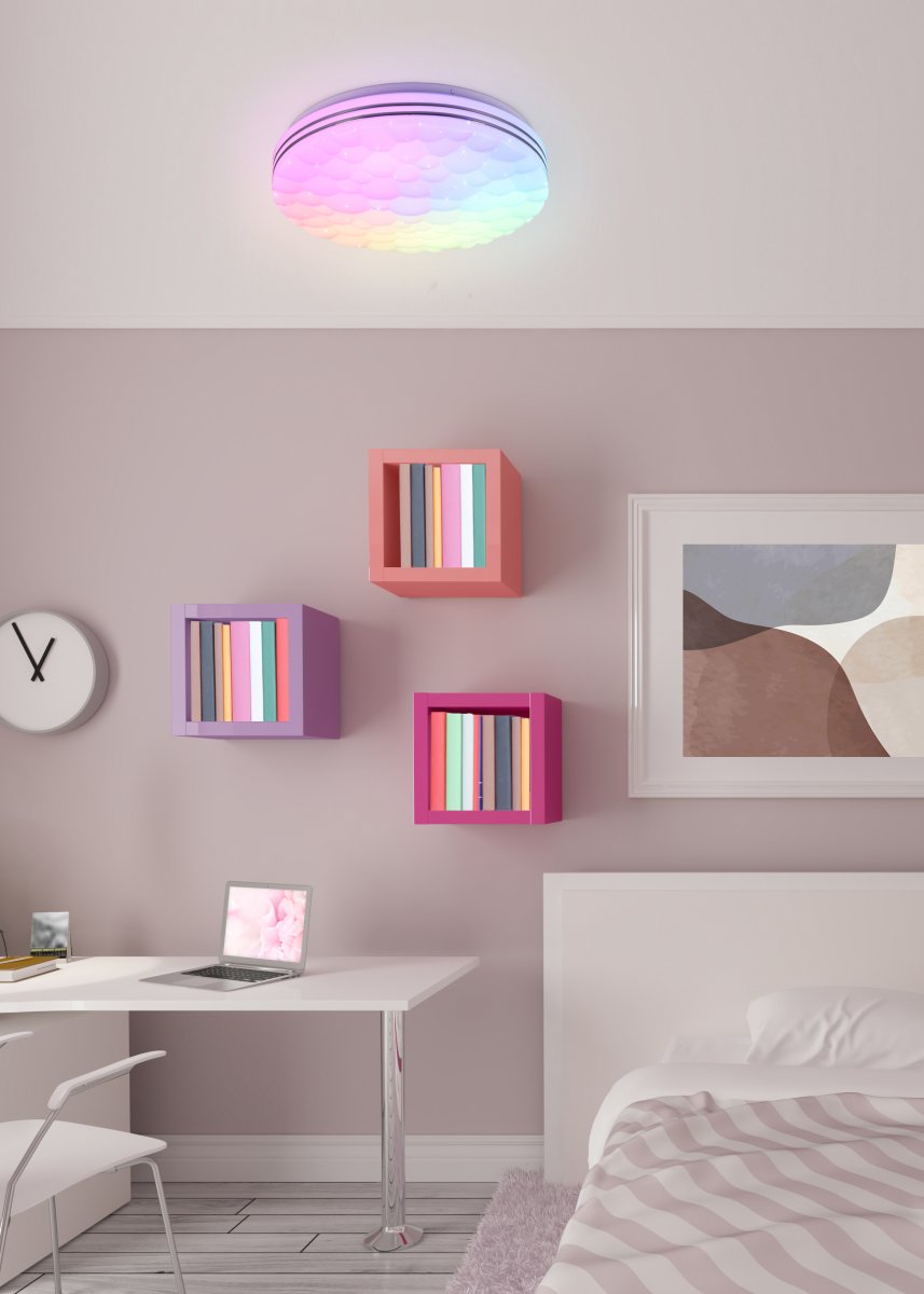 Tiger Ø38 Blanco lámpara infantil De Trio Lighting - Gracias a su dise&ntilde;o redondo de pl&aacute;stico blanco con efecto de cielo estrellado, la l&aacute;mpara se integra a la perfecci&oacute;n en cualquier estilo de interior.