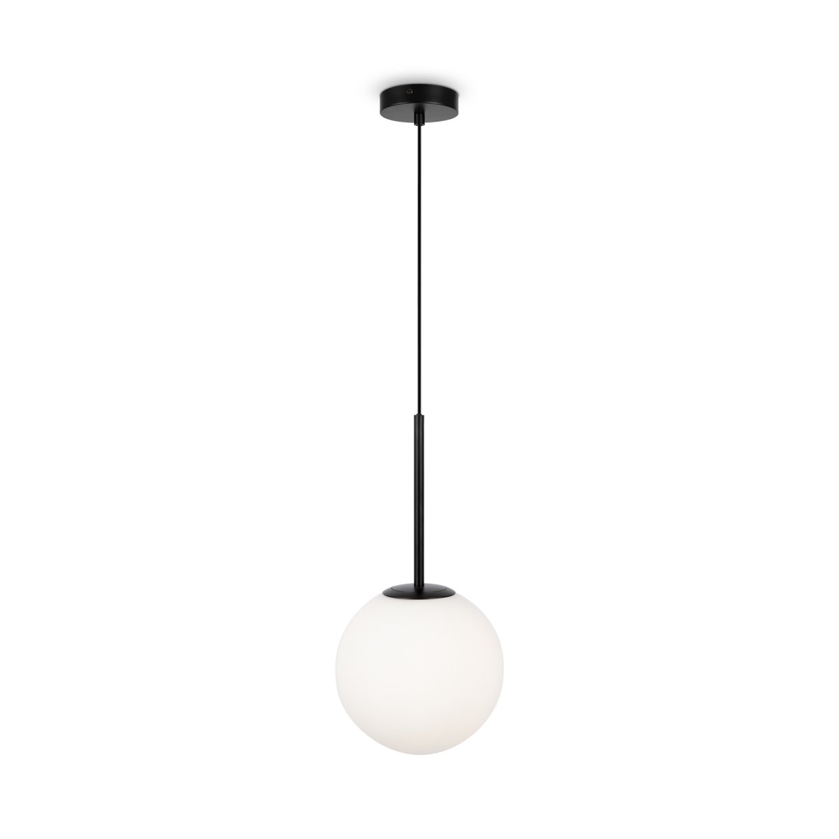 Basic form Ø20 Negro Lámpas de techo De Maytoni - Con su globo de cristal opalino suave y una fina carcasa de metal con acabado negro, la lámpara proporciona una luz hermosa y agradable que se adapta perfectamente a estilos interiores modernos y clásicos.