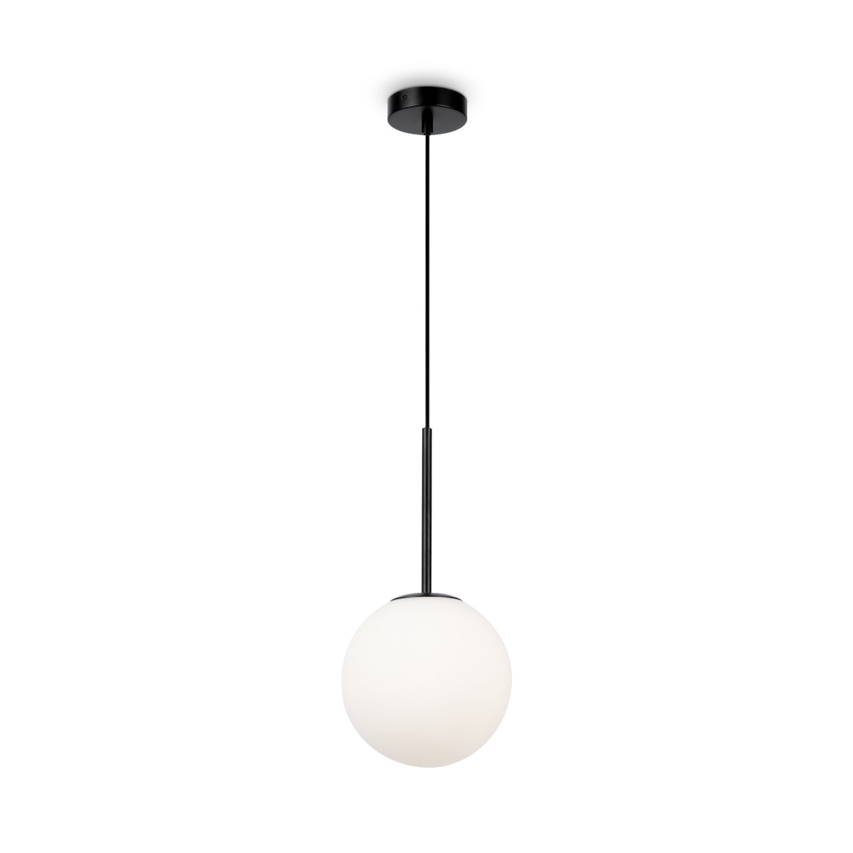 Basic form Ø20 Negro Lámpas de techo De Maytoni - Con su globo de cristal opalino suave y una fina carcasa de metal con acabado negro, la lámpara proporciona una luz hermosa y agradable que se adapta perfectamente a estilos interiores modernos y clásicos.
