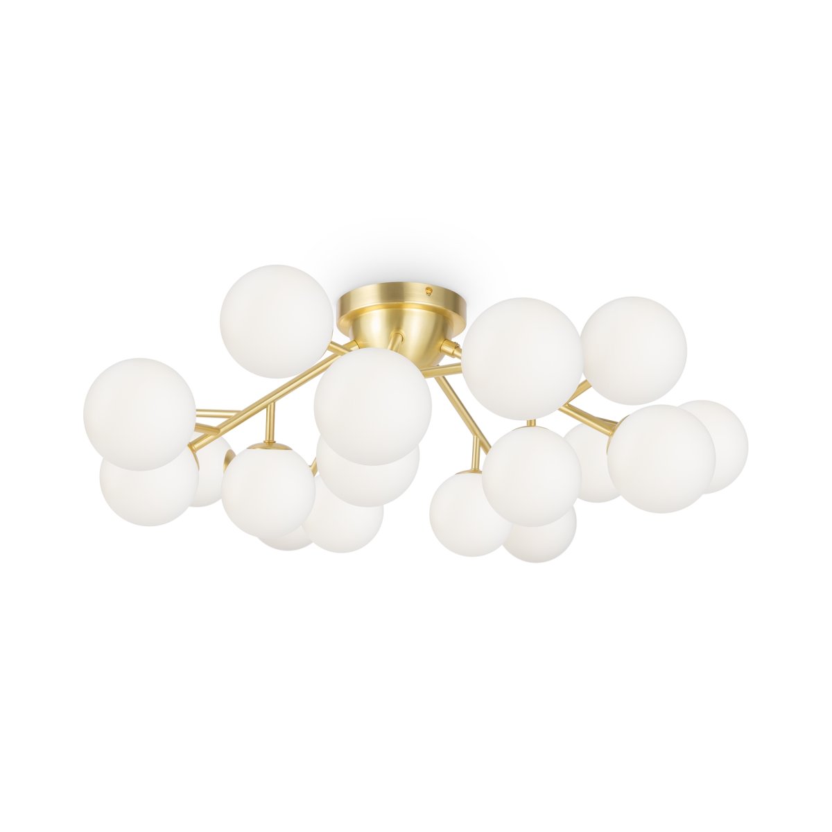Dallas 20 Oro plafón De Maytoni - La sofisticada estructura de metal, combinada con las esferas de vidrio opalino blanco, la convierte en un verdadero punto de atracción, ideal para espacios amplios como salas de estar o comedores.