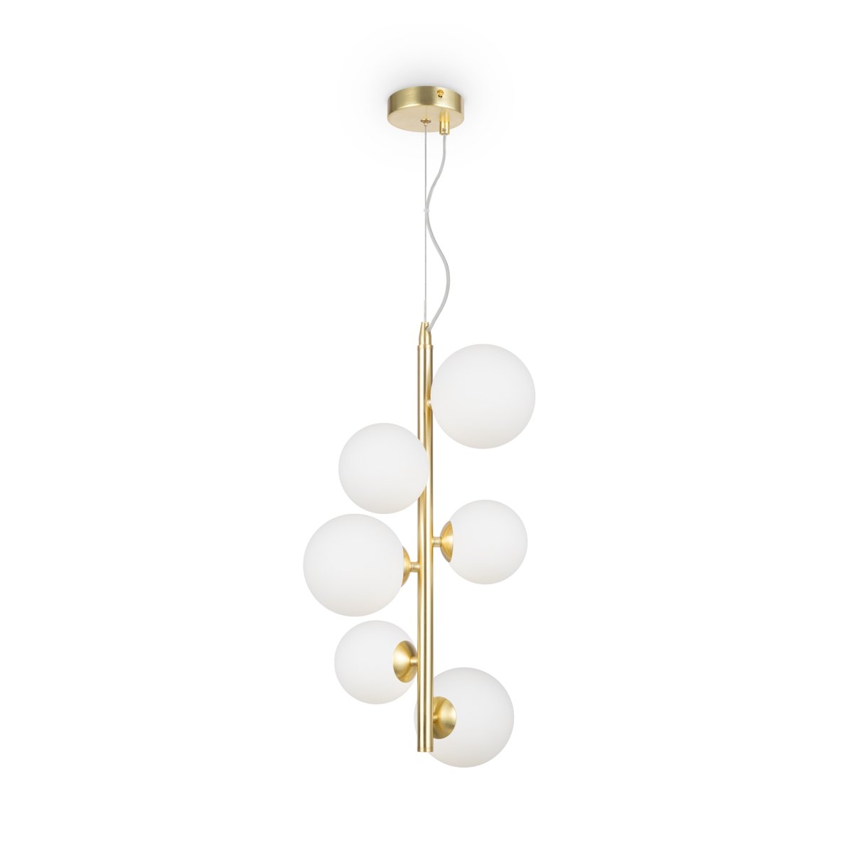 Dallas Ø30 Oro Lámpas de techo De Maytoni - La sofisticada estructura de metal, combinada con las esferas de vidrio opalino blanco, la convierte en un verdadero punto de atracción y se integra perfectamente en espacios pequeños como salas de estar o comedores.