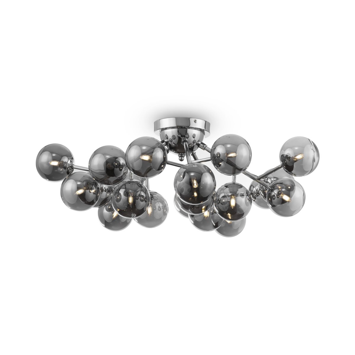 Dallas 20 Cromo plafón De Maytoni - Su diseño único, con cúpulas redondas de vidrio en diferentes direcciones, crea un juego de luz dramático y elegante que llena la habitación de calidez y carácter.