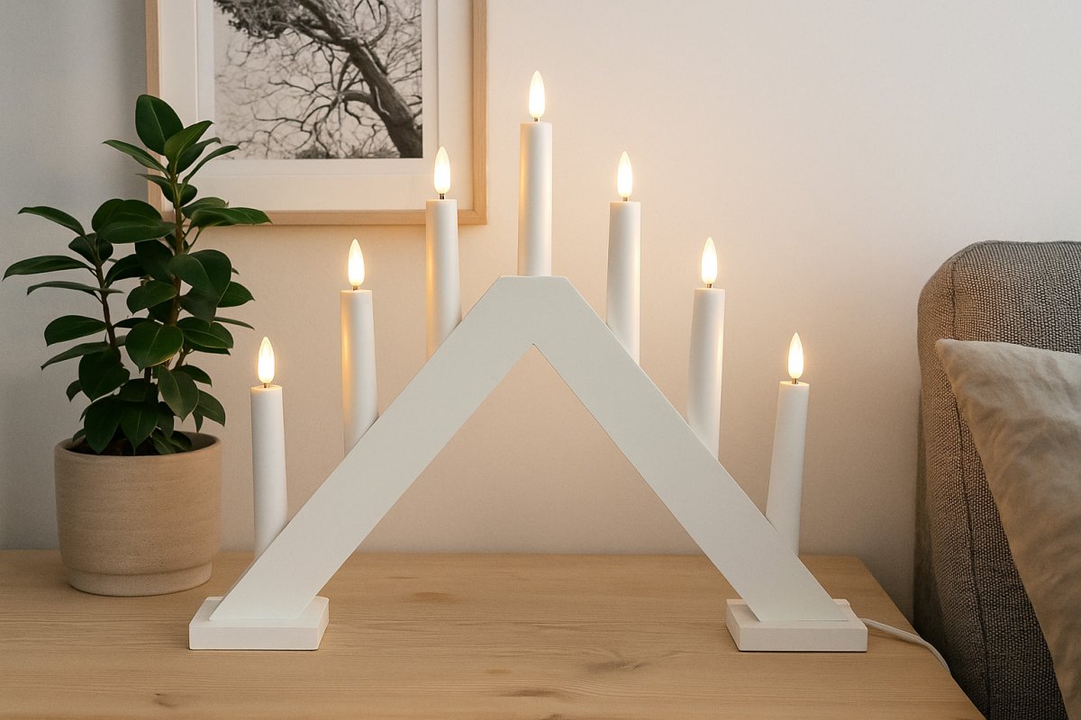 Sara Blanco De Pixie Design - Sara es un candelabro cl&aacute;sico de siete brazos realizado en madera.
