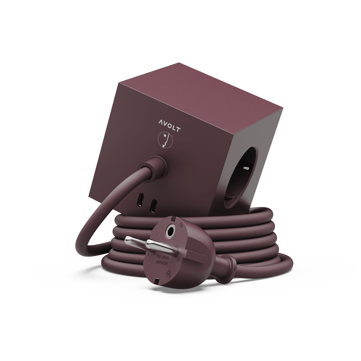 Imagen ampliada de Square 1 with 30W Dual USBC & Magnetic base, 1.8m borgoña De Avolt - El Avolt Switch destaca por su elegante dise&ntilde;o, con un cable largo de PVC, una carcasa de pl&aacute;stico reciclado y una placa magn&eacute;tica para montaje en pared.