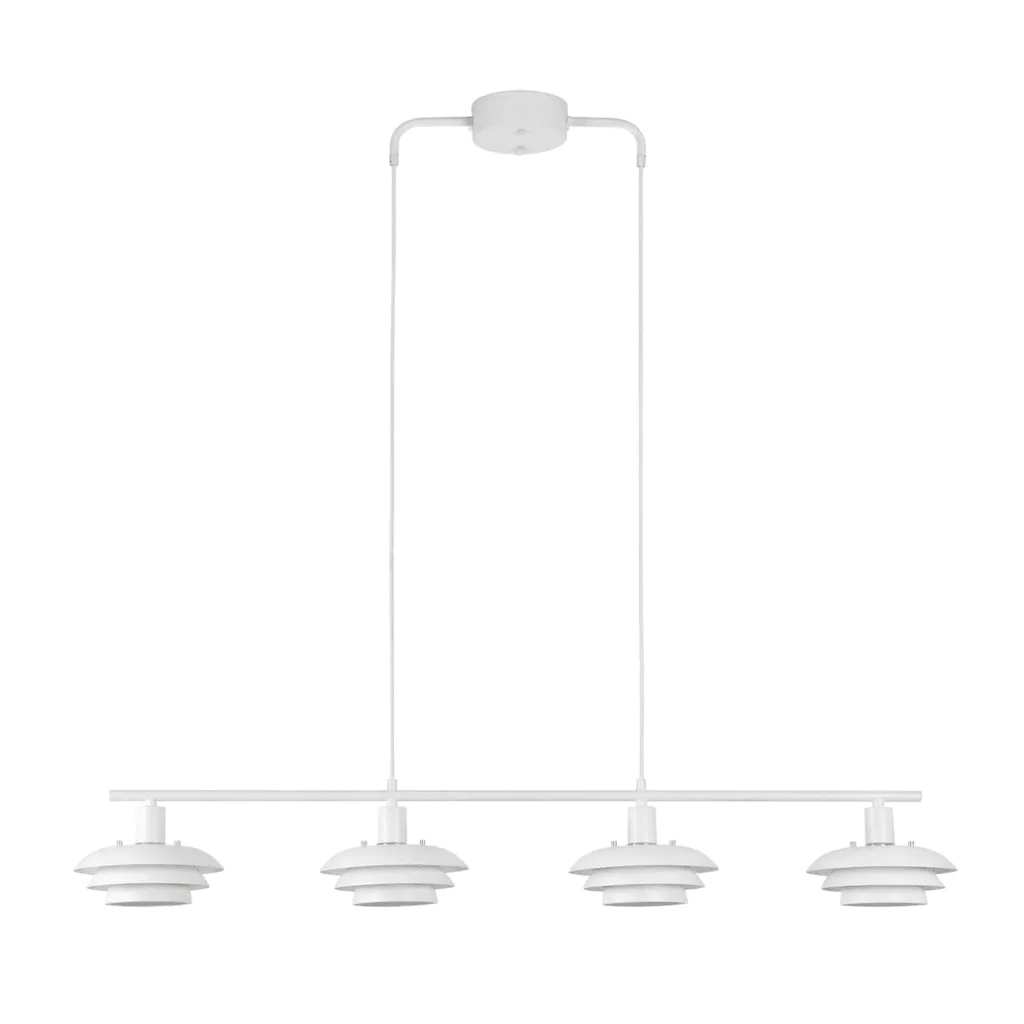 Stealth 120cm Blanco Lámpas de techo De Nordic Lighting - La elegante l&aacute;mpara de techo Stealth, fabricada en metal blanco con cuatro pantallas orientadas hacia abajo, proporciona una luz agradable y focalizada, ideal sobre una mesa de comedor o en la cocina.