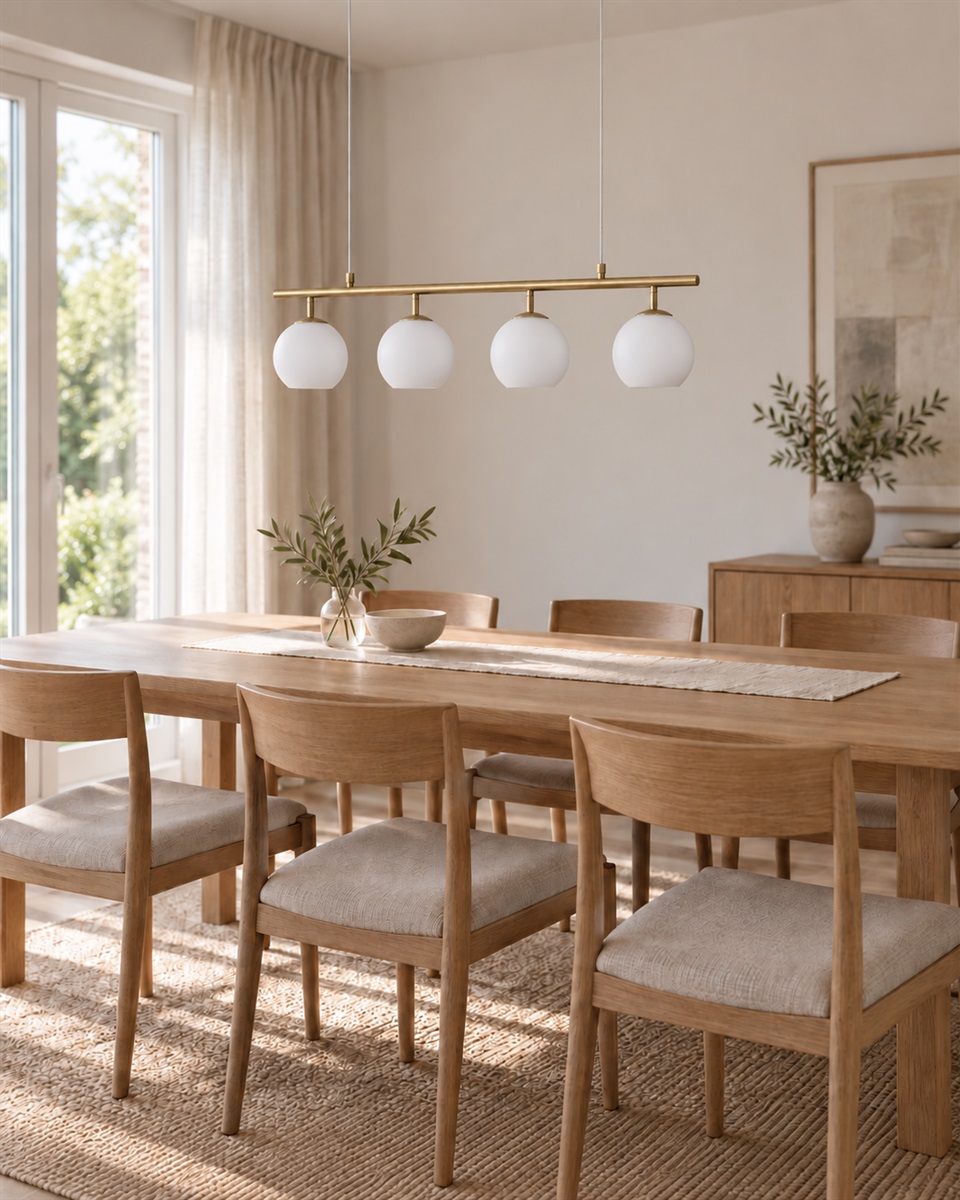 Globi 4 78cm Latón cepillado/blanco Lámpas de techo De Nordic Lighting - La suspensi&oacute;n met&aacute;lica de lat&oacute;n cepillado le aporta un toque sofisticado y gr&aacute;fico, mientras que las cuatro c&uacute;pulas redondas de cristal opalino difunden una luz agradable y uniforme por toda la estancia.