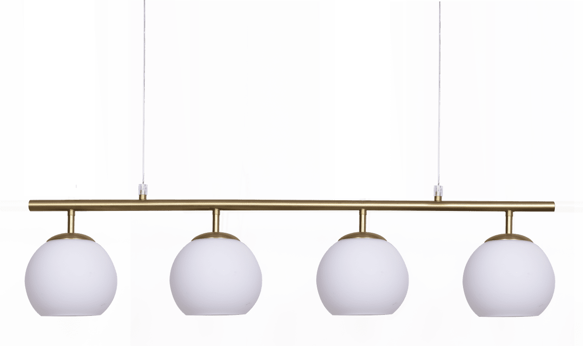 Globi 4 78cm Latón cepillado/blanco Lámpas de techo De Nordic Lighting - La suspensión metálica de latón cepillado le aporta un toque sofisticado y gráfico, mientras que las cuatro cúpulas redondas de cristal opalino difunden una luz agradable y uniforme por toda la estancia.