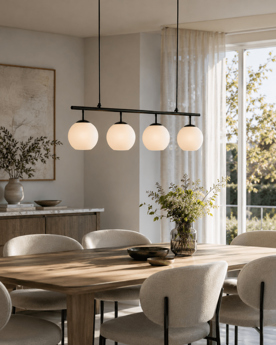 Globi 4 78cm En blanco y negro Lámpas de techo De Nordic Lighting - La suspensi&oacute;n de metal negro le aporta un toque elegante y gr&aacute;fico, mientras que las cuatro c&uacute;pulas redondas de cristal opalino difunden una luz agradable y uniforme por toda la estancia.