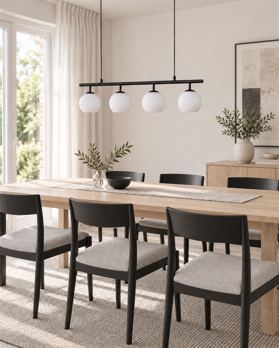 Globi 4 78cm En blanco y negro Lámpas de techo De Nordic Lighting - La suspensi&oacute;n de metal negro le aporta un toque elegante y gr&aacute;fico, mientras que las cuatro c&uacute;pulas redondas de cristal opalino difunden una luz agradable y uniforme por toda la estancia.