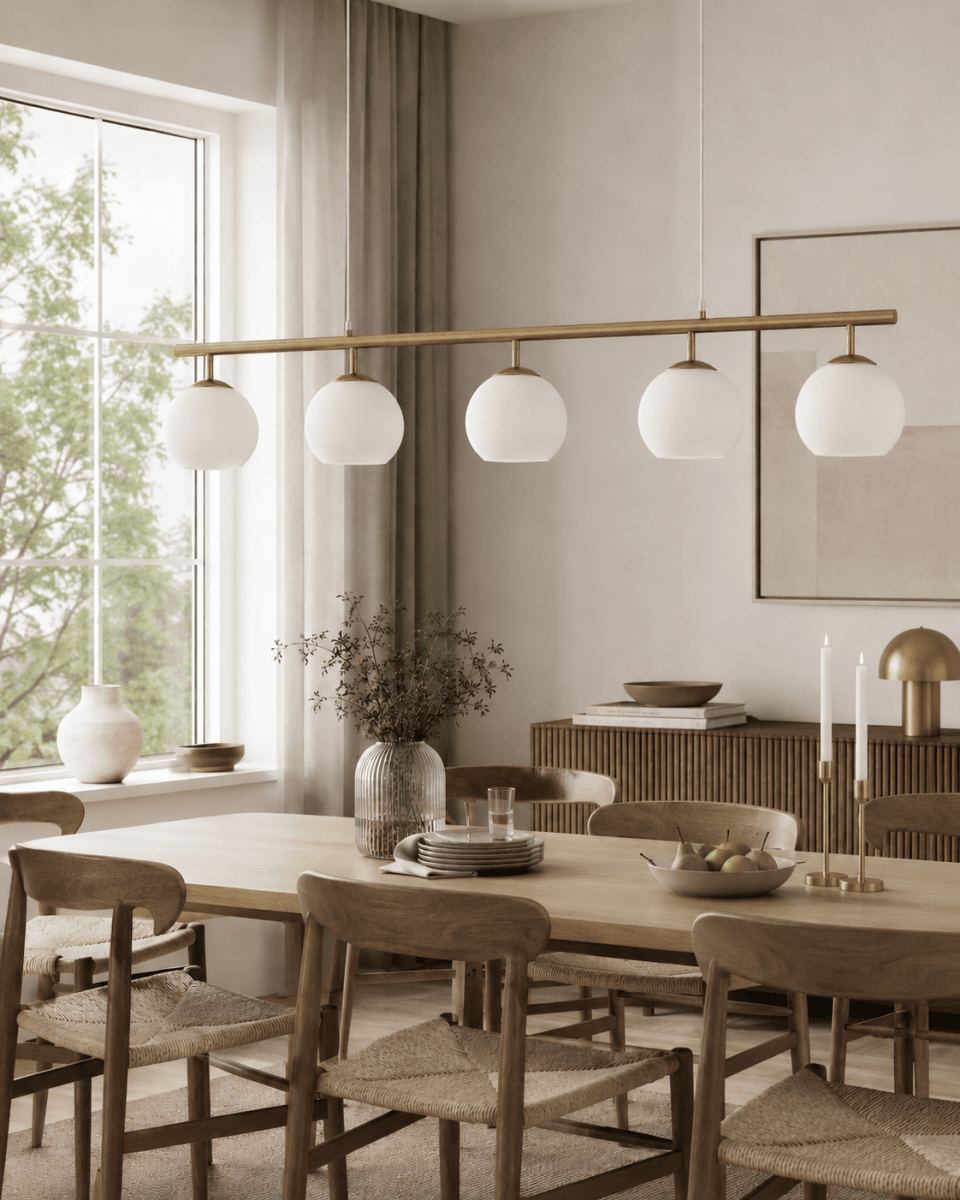 Globi 5 120cm Latón cepillado/blanco Lámpas de techo De Nordic Lighting - La suspensi&oacute;n met&aacute;lica de lat&oacute;n cepillado le aporta un toque sofisticado y gr&aacute;fico, mientras que las cinco c&uacute;pulas redondas de cristal opalino difunden una luz agradable y uniforme por toda la estancia.