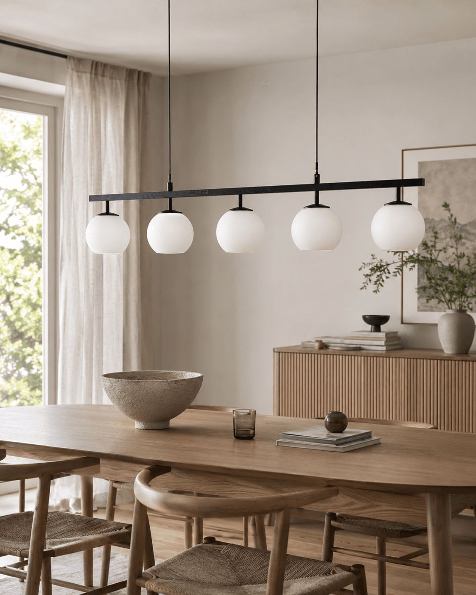 Globi 5 120cm En blanco y negro Lámpas de techo De Nordic Lighting - La suspensi&oacute;n de metal negro le aporta un toque elegante y gr&aacute;fico, mientras que las cinco c&uacute;pulas redondas de cristal opalino difunden una luz agradable y uniforme por toda la estancia.