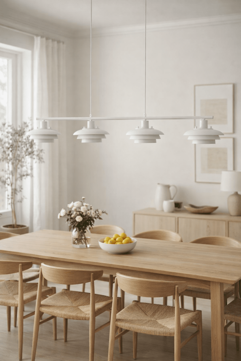 Stealth 120cm Blanco Lámpas de techo De Nordic Lighting - La elegante l&aacute;mpara de techo Stealth, fabricada en metal blanco con cuatro pantallas orientadas hacia abajo, proporciona una luz agradable y focalizada, ideal sobre una mesa de comedor o en la cocina.