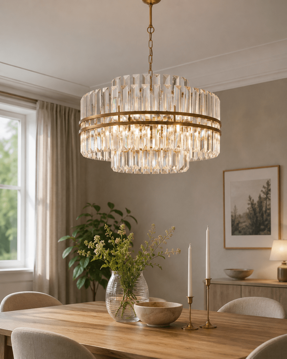 Exeter Ø56 Latón antiguo cristal De Lampan - Los prismas transparentes capturan la luz con magia y difunden un brillo suave y brillante por toda la habitaci&oacute;n.