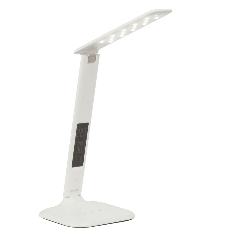 Glenn 55cm Blanco lámpara de escritorio De Brilliant - La lámpara cuenta con un puerto USB para cargarse y un reloj con alarma, fecha y temperatura.
