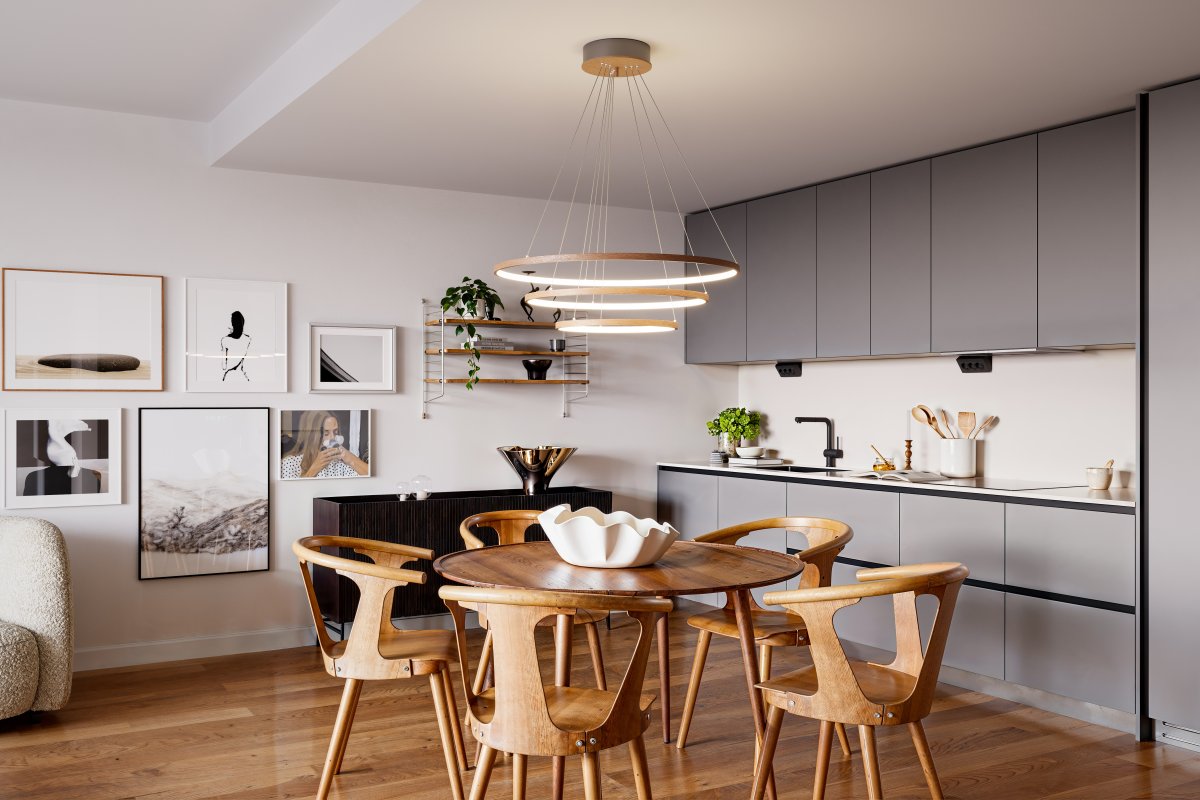 Trione Ø80 Nuez Lámpas de techo De By Rydéns - Cada anillo (de 80 cm, 60 cm y 40 cm de di&aacute;metro) se ajusta f&aacute;cilmente en altura y posici&oacute;n mediante el soporte de cable.