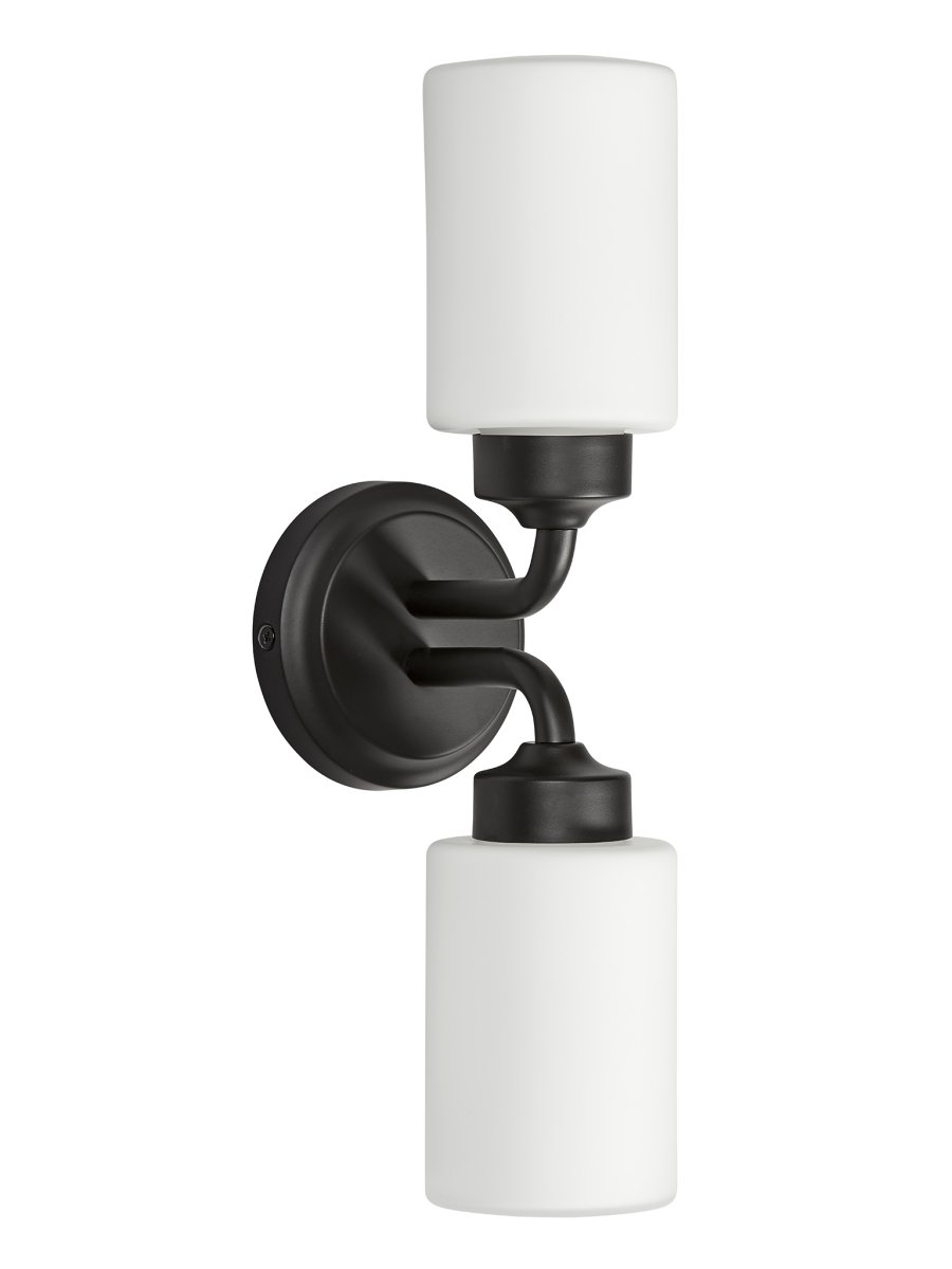 Boda 36cm Negro lámpara de baño De Armaturhantverk - Con sus detalles en negro y cúpulas de cristal blanco, emite una luz suave y agradable que es perfecta para la iluminación de espejos o la iluminación general.