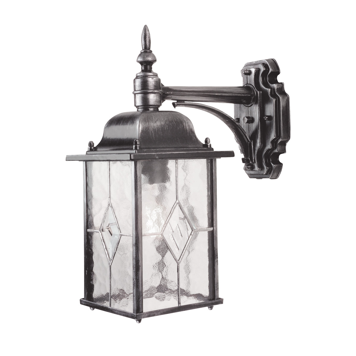Wexford Plata lámpara de exterior De Elstead Lighting - Wexford es una lámpara de pared clásica para exteriores, fabricada en aluminio con un elegante acabado en plata oscura y elementos decorativos de vidrio con textura de vidrieras emplomadas.