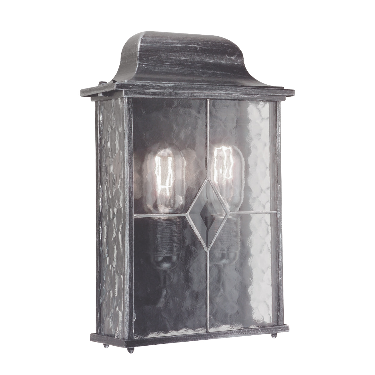 Wexford Plata lámpara de exterior De Elstead Lighting - Wexford es una lámpara de pared clásica para exteriores, fabricada en aluminio con un elegante acabado en plata oscura y paneles de vidrio decorativos con textura de vidrieras emplomadas.