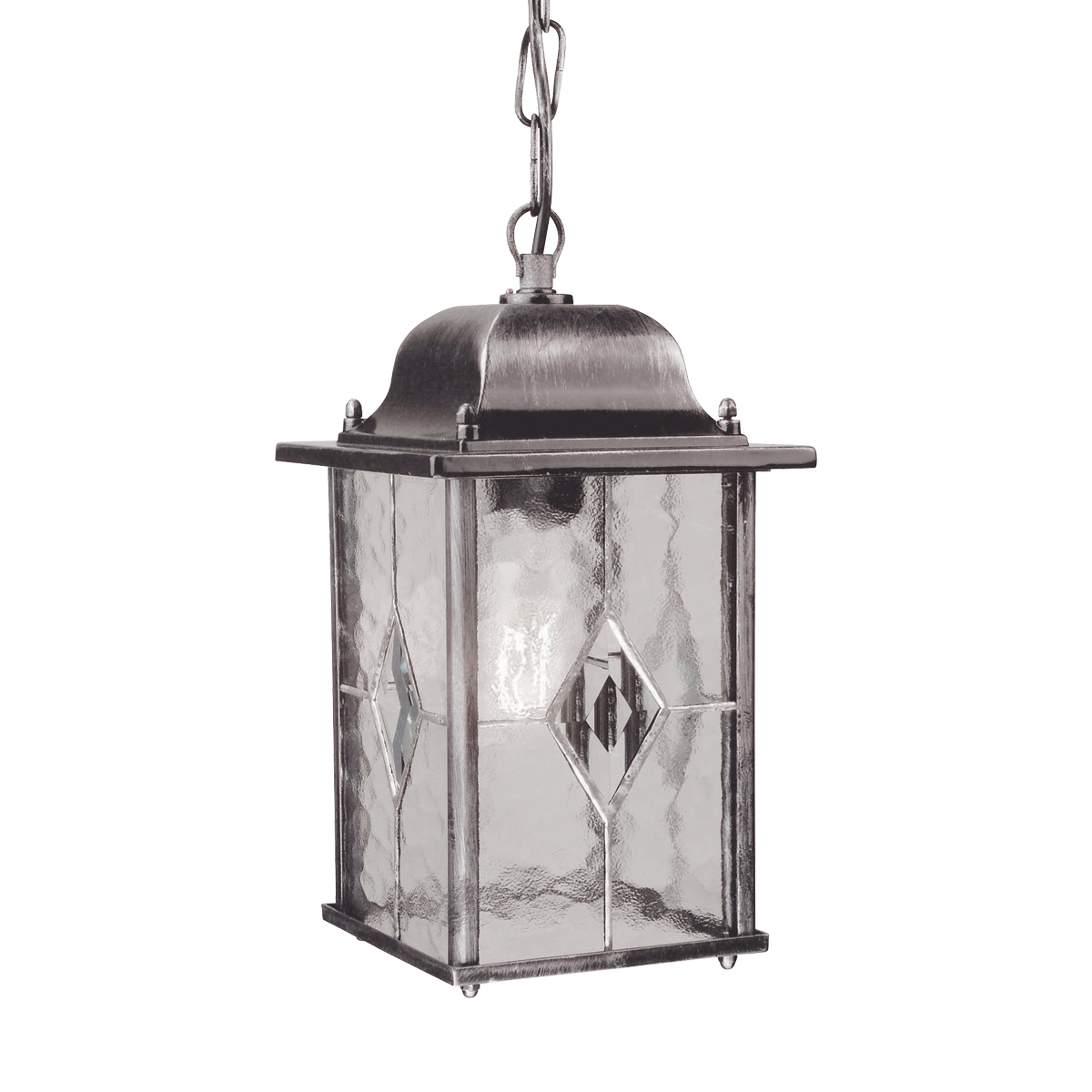 Wexford 16cm Plata De Elstead Lighting - Wexford es una clásica linterna colgante de exterior fabricada en aluminio con un elegante acabado en plata oscura y elementos decorativos de cristal con aspecto de vidriera emplomada.
