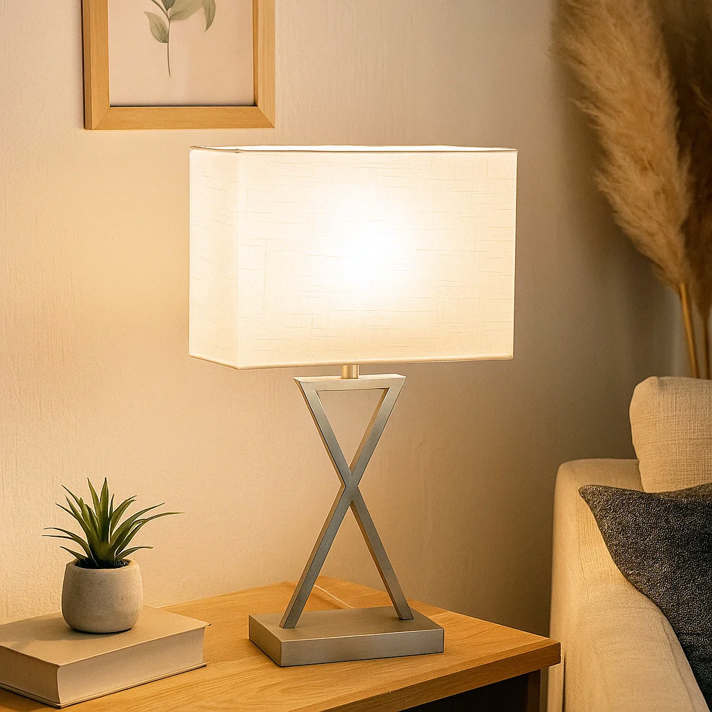 X-factor 54cm Níquel lámpara de mesa De Nordic Lighting - La l&aacute;mpara de mesa X-Factor combina una moderna base met&aacute;lica geom&eacute;trica con un elegante acabado en n&iacute;quel satinado y una pantalla de lino blanco.