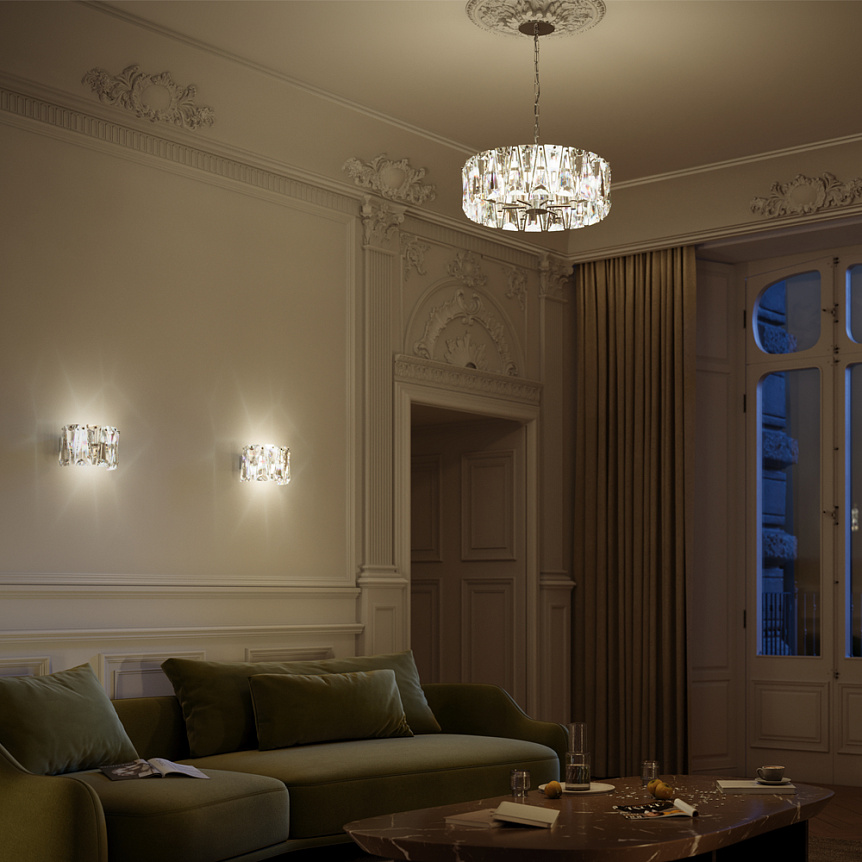 Puntes Ø52 Oro cristal De Maytoni - Puntes es una elegante l&aacute;mpara de techo realizada en metal de color dorado con prismas brillantes que rodean las fuentes de luz y crean un m&aacute;gico juego de luz cuando se enciende la l&aacute;mpara.
