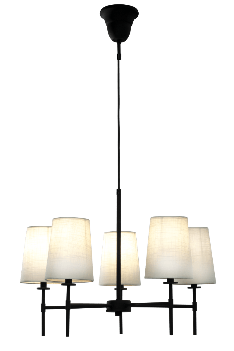 Verbier Ø58 Negro Lámpas de techo De Aneta Lighting - Fabricada en metal lacado en negro con una superficie ligeramente rugosa y pantallas de tela blanca, Verbier crea una luz agradable y elegante, perfecta para iluminar la mesa durante cenas acogedoras en la cocina o el comedor.